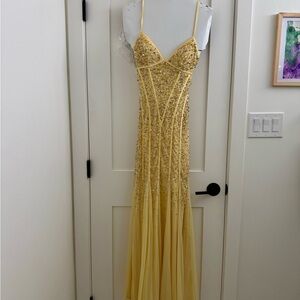 Yellow Beaded Spaghetti Strap Gown
